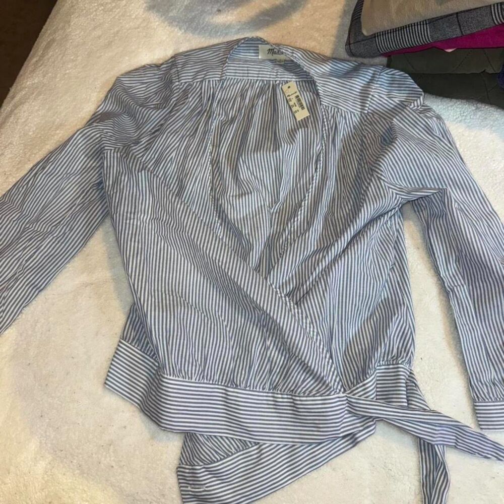 Madewell Blue White Striped 100% Cotton Wrap Top 3/4 Sleeve Small NWT